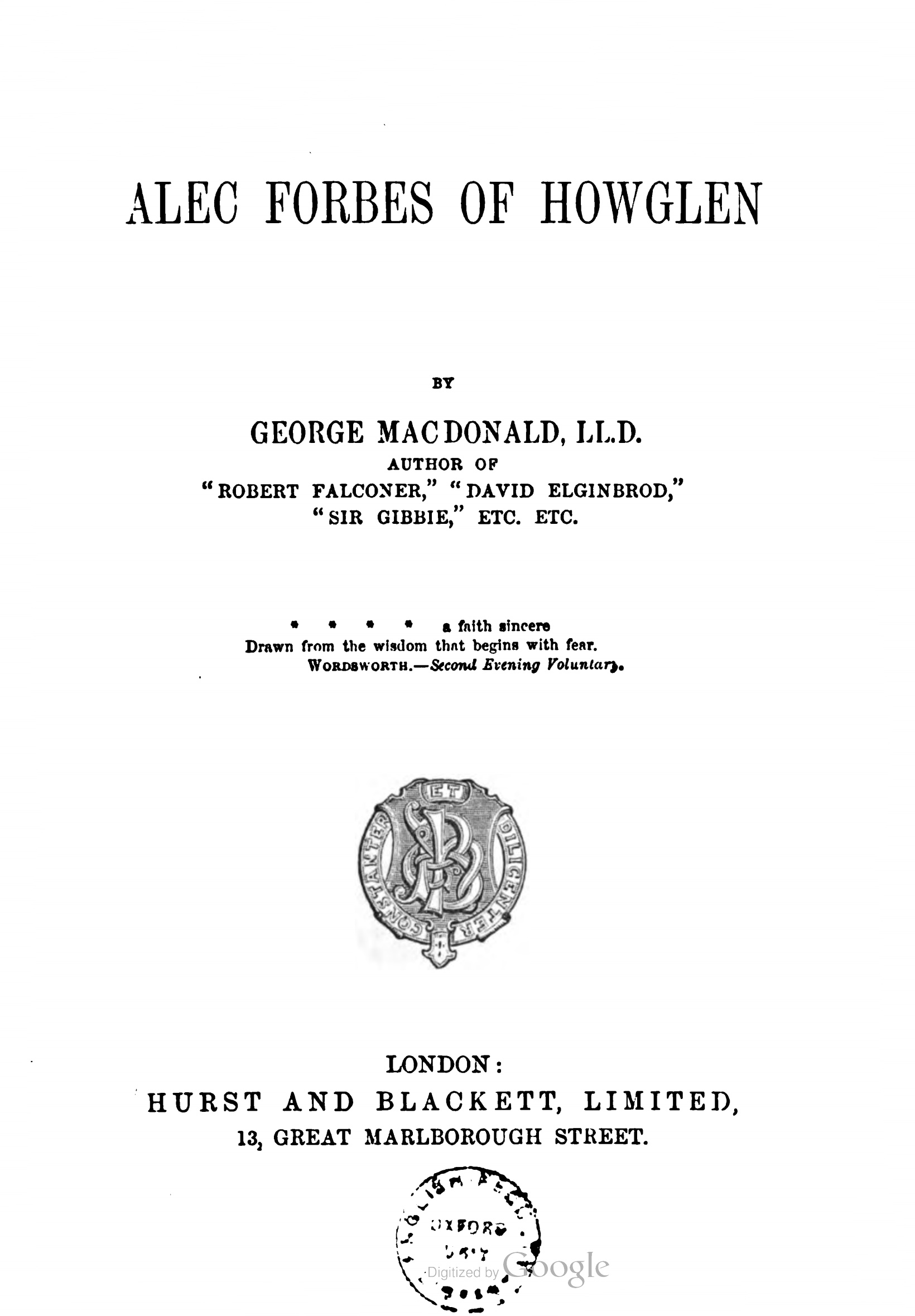 Book title page for Alec Forbes of Howglen, by George MacDonald